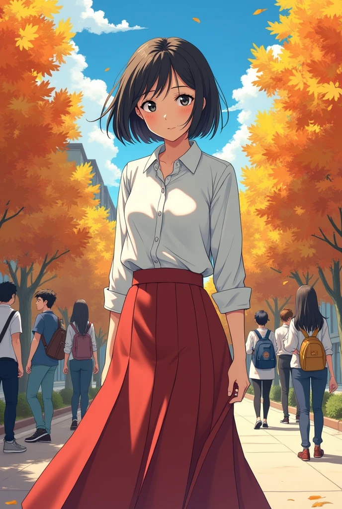 A college girl, medium complexion, long skirt and long sleeve button down shirt, short hair in manga style in 3/4