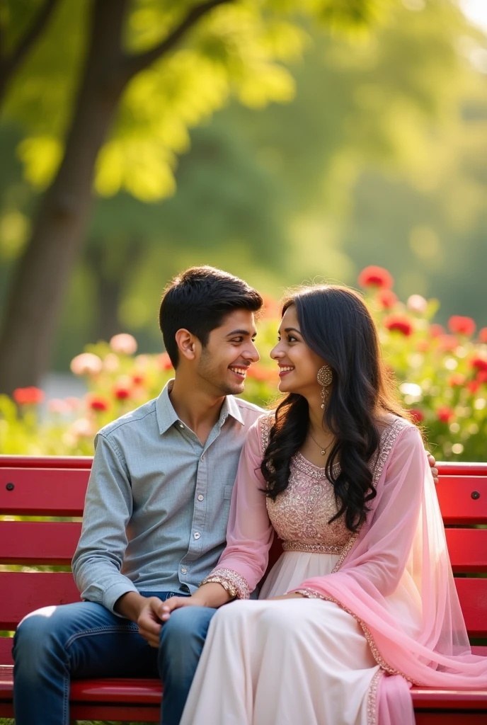 A young couple sitting on a red bench in a park, the young boy is wearing a grey shirt and jeans, the young girl is wearing a pink and white Indian suit, the young Indian boy has his arm around the young girl and they are both smiling. They are in love and happy together. The background is a blurred image of green trees and flowers. The image is shot in a