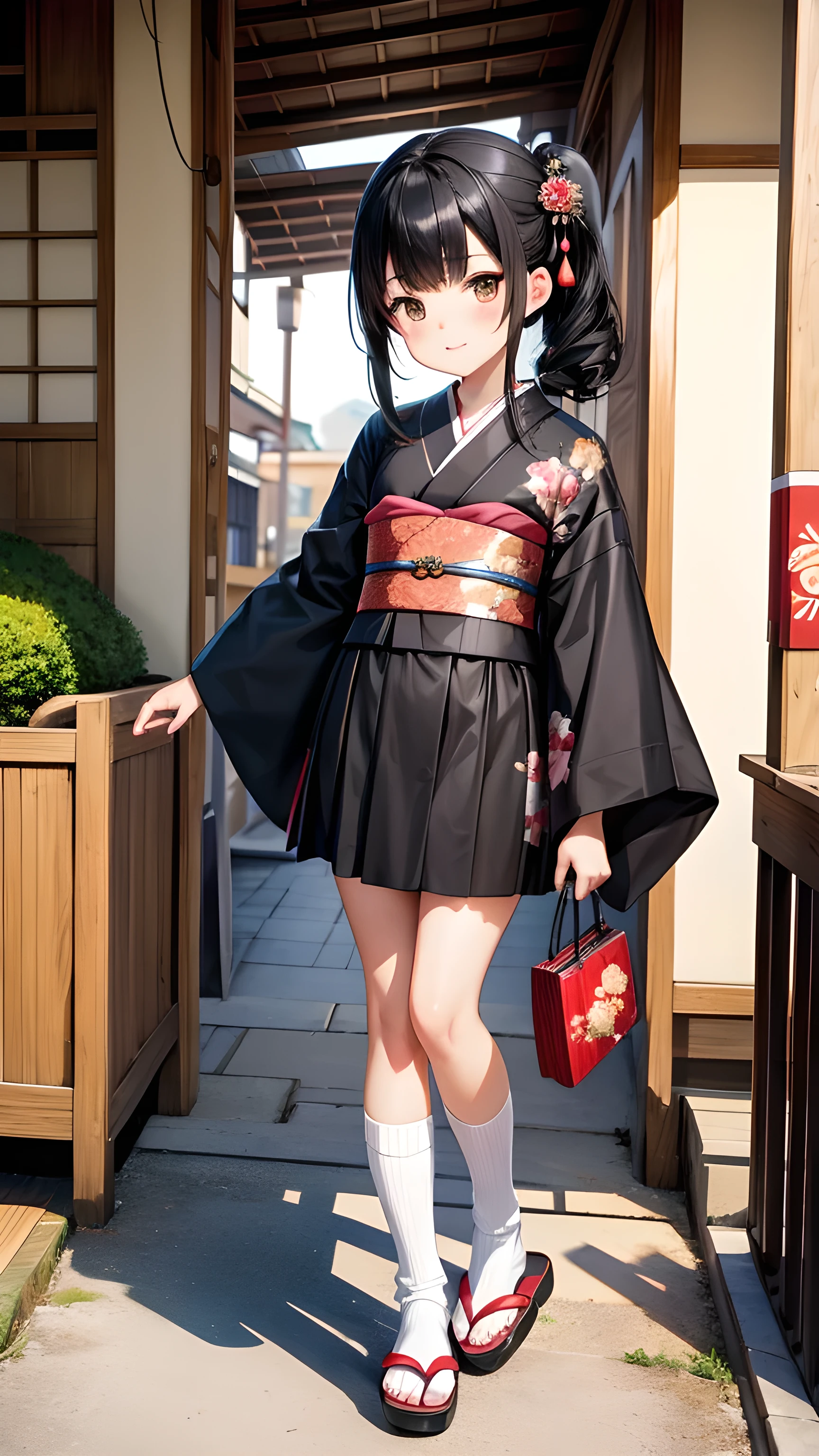 Twelve-year-old black-haired girl,Geisha Hairstyle,kimono,Long skirt,White socks,Straw sandals,Japanese Street