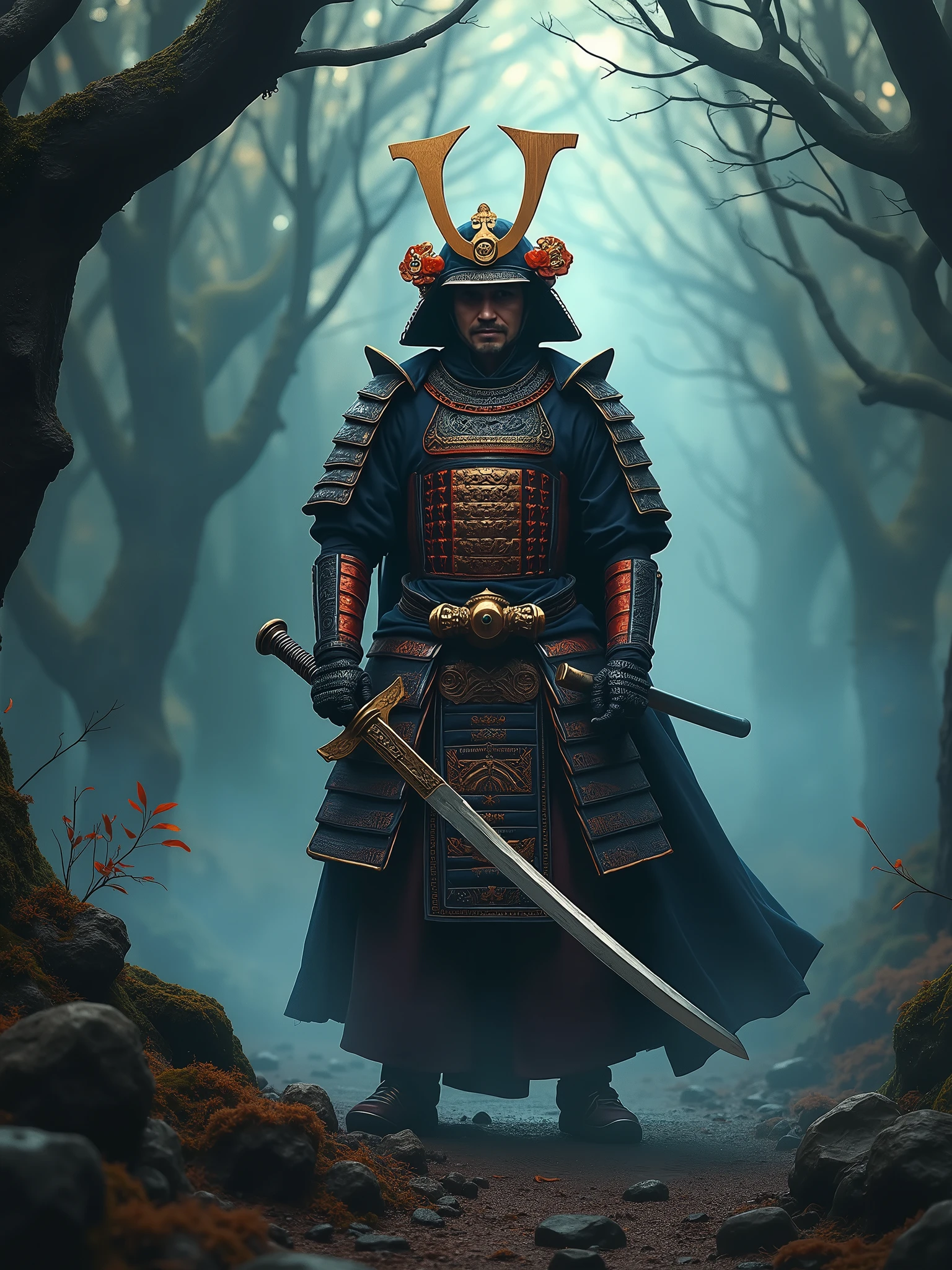 Majestic samurai, colorful, dark fantasy, insanely detailed and intricate, golden ratio,hypermaximalist, cinematic, matte painting, trending on artstation, elegant, ornate, luxury, elite, James jean, Brian froud, ross tran, realistic 3D, hyper realistic, super detailed