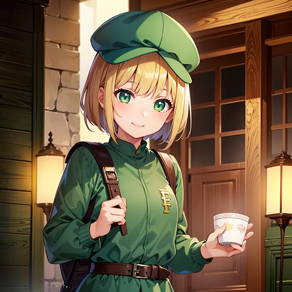 ((masterpiece)), ((Highest quality)), ((1girl)), ((独奏)), upper body, from front, ((with a flax-colored bob cut)), ((Bangs)), ((with deep green eyes, a cute woman.)), (Beautifully detailed eyes), ((wearing a green newsboy cap)), (in a green ¾-sleeved dress), (carrying a brown backpack), (Short green skirt and black leggings), Vivid and beautiful anime girl, Detailed Key Anime Art, Smooth anime CG art, Detailed portraits of anime, Adventurer girl holding a lantern in one hand, bright personality, ((light smile)), ((Super detailed)), (アニメ:1.1)