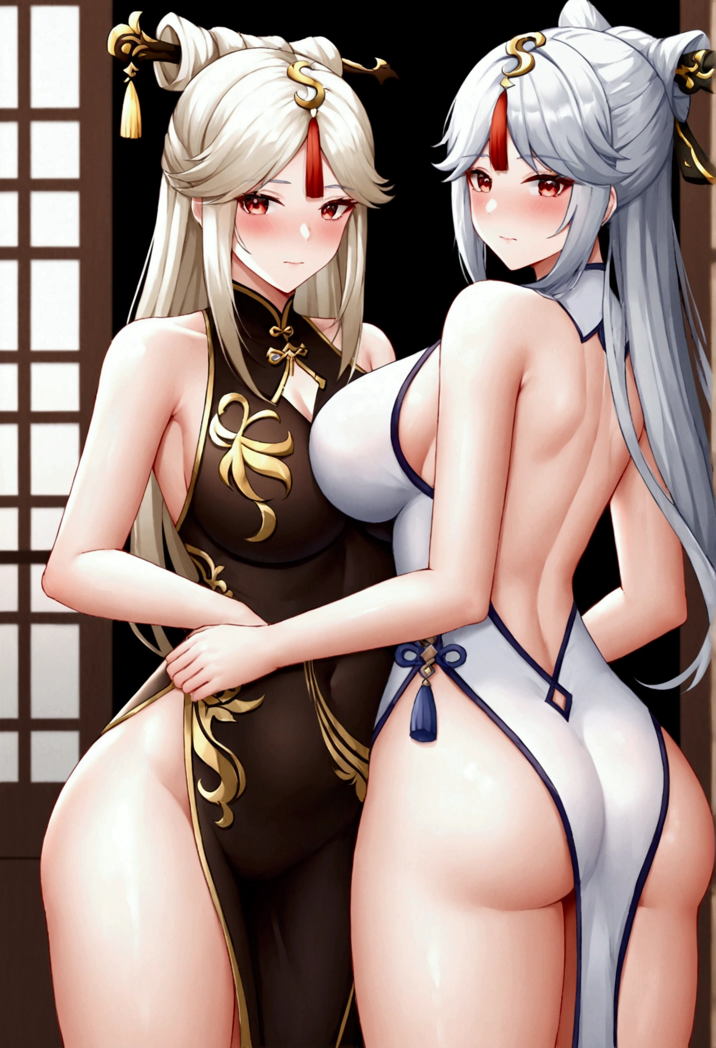 ningguang (genshin impact), 1girl, long hair, breasts, looking at viewer, blush, bangs, multiple girls, large breasts, hair ornament, red eyes, dress, holding, 2girls, bare shoulders, closed mouth, white hair, heart, solo focus, looking back, uncensored, chinese clothes, tassel, china dress