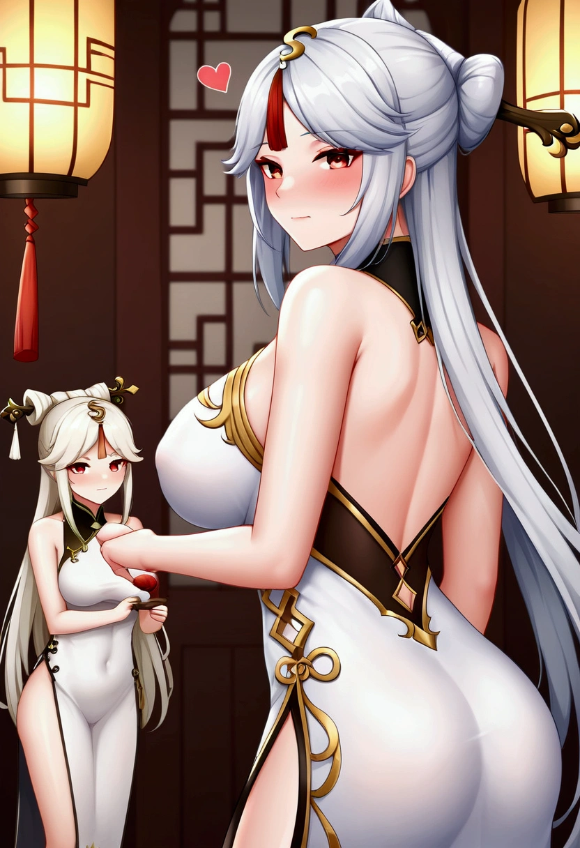 ningguang (genshin impact), 1girl, long hair, breasts, looking at viewer, blush, bangs, multiple girls, large breasts, hair ornament, red eyes, dress, holding, 2girls, bare shoulders, closed mouth, white hair, heart, solo focus, looking back, uncensored, chinese clothes, tassel, china dress