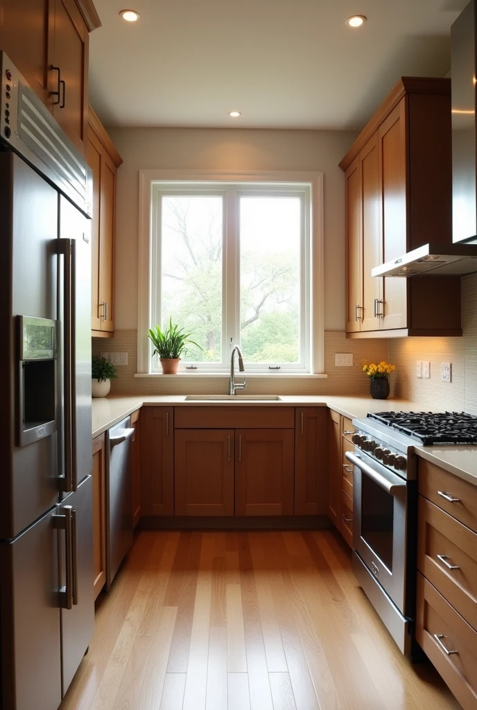Create a u-shaped kitchen that has a window in the center, not as tall and below this this is the dishwasher, on the left side the refrigerator and a countertop with a stovetop and on the right side of the window the oven and another countertop