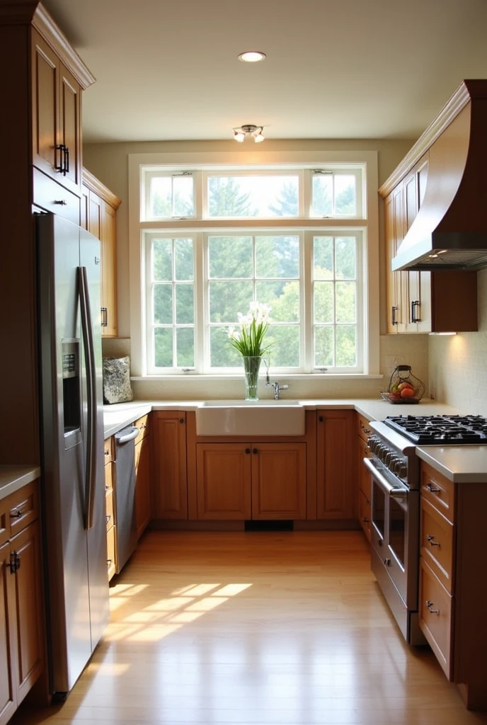Create a u-shaped kitchen that has a window in the center, not as tall and below this this is the dishwasher, on the left side the refrigerator and a countertop with a stovetop and on the right side of the window the oven and another countertop
