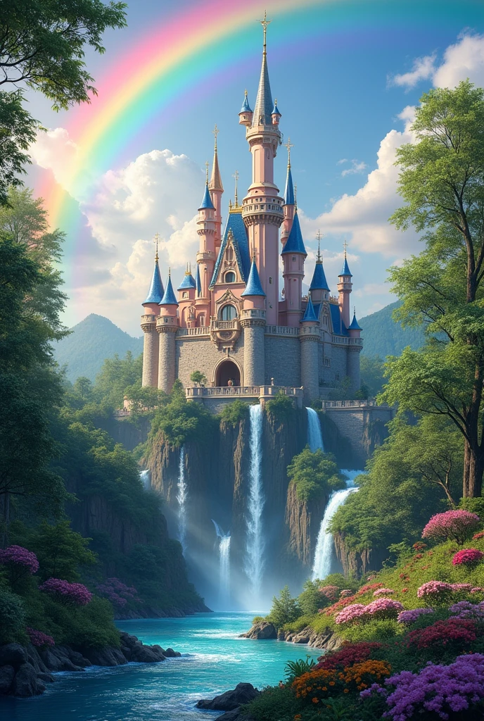 magic princess castle, fantasy kindle in the woods, dayligh, rainbow
