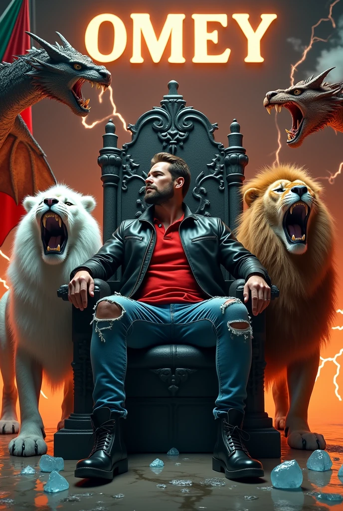 Create a man about 43 years old with ripped jeans , red polo shirt and black leather jacket sitting on the iron throne with black lace-up boots , Next to him there are two lions, one white and one brown, roaring, and two Mexican pennants, one on the throne and the other near the white lion.,On the left side there is a flying dragon spewing fire and on the right side a flying dragon spewing lightning from its mouth. You can see the text "OMEY" There are melted ice cubes with water on the floor. Everything is well detailed, Luxury premiere style. Camera shot of 10k