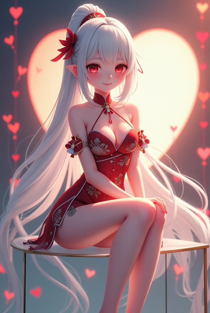 Ning Guang (Genshin), 1 girl, long hair, breasts, looking at viewer, blushing, bangs, large breasts, hair accessory, red eyes, dress, hugging, bare shoulders, closed mouth, white hair, heart, solo focus, looking back, facing away, sitting, sitting on glass chair, on glass panel, visible female genitalia, visible vagina, visible pussy, visible vagina, Chinese dress, tassels, cheongsam