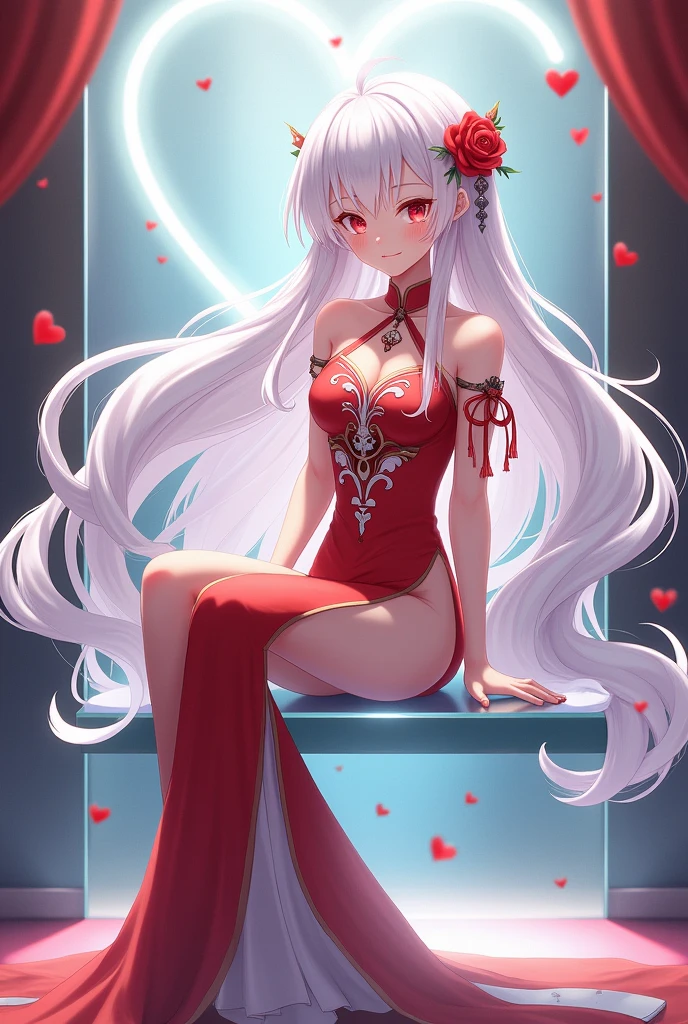 Ning Guang (Genshin), 1 girl, long hair, breasts, looking at viewer, blushing, bangs, large breasts, hair accessory, red eyes, dress, hugging, bare shoulders, closed mouth, white hair, heart, solo focus, looking back, facing away, sitting, sitting on glass chair, on glass panel, visible female genitalia, visible vagina, visible pussy, visible vagina, Chinese dress, tassels, cheongsam