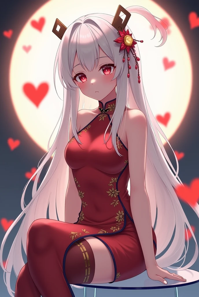 Ning Guang (Genshin), 1 girl, long hair, breasts, looking at viewer, blushing, bangs, large breasts, hair accessory, red eyes, dress, hugging, bare shoulders, closed mouth, white hair, heart, solo focus, looking back, facing away, sitting, sitting on glass chair, on glass panel, visible female genitalia, visible vagina, visible pussy, visible vagina, Chinese dress, tassels, cheongsam