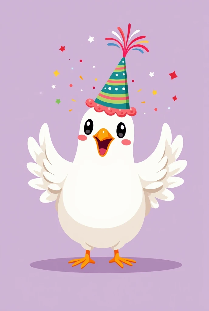A brave dove drawn in comic style wearing a birthday hat, sitting on its legs with a lilac background