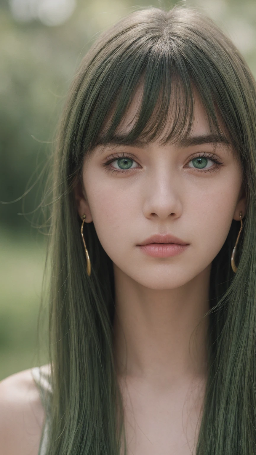 a girl. European. Extremely detailed face. Oval face. Delicate facial features. Half-closed eyes. Long straight hair. Messy hair. bangs. Green hair. Green eyes. earrings. Neutral expression. Shy