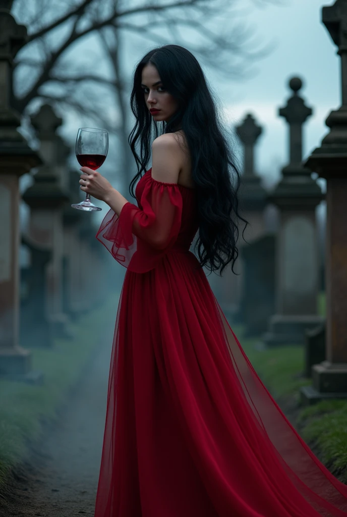 Woman with long black hair wearing a red dress and holding a glass of wine, cemetery background