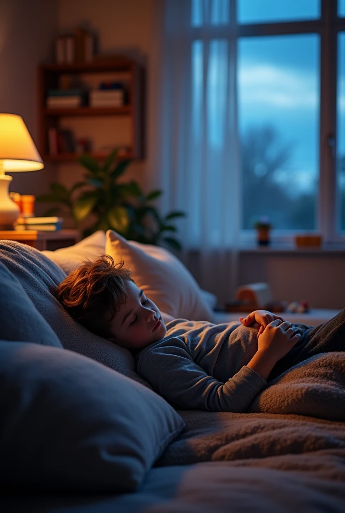 A boy in there home sleep in sofa and tv is on anome lofi style