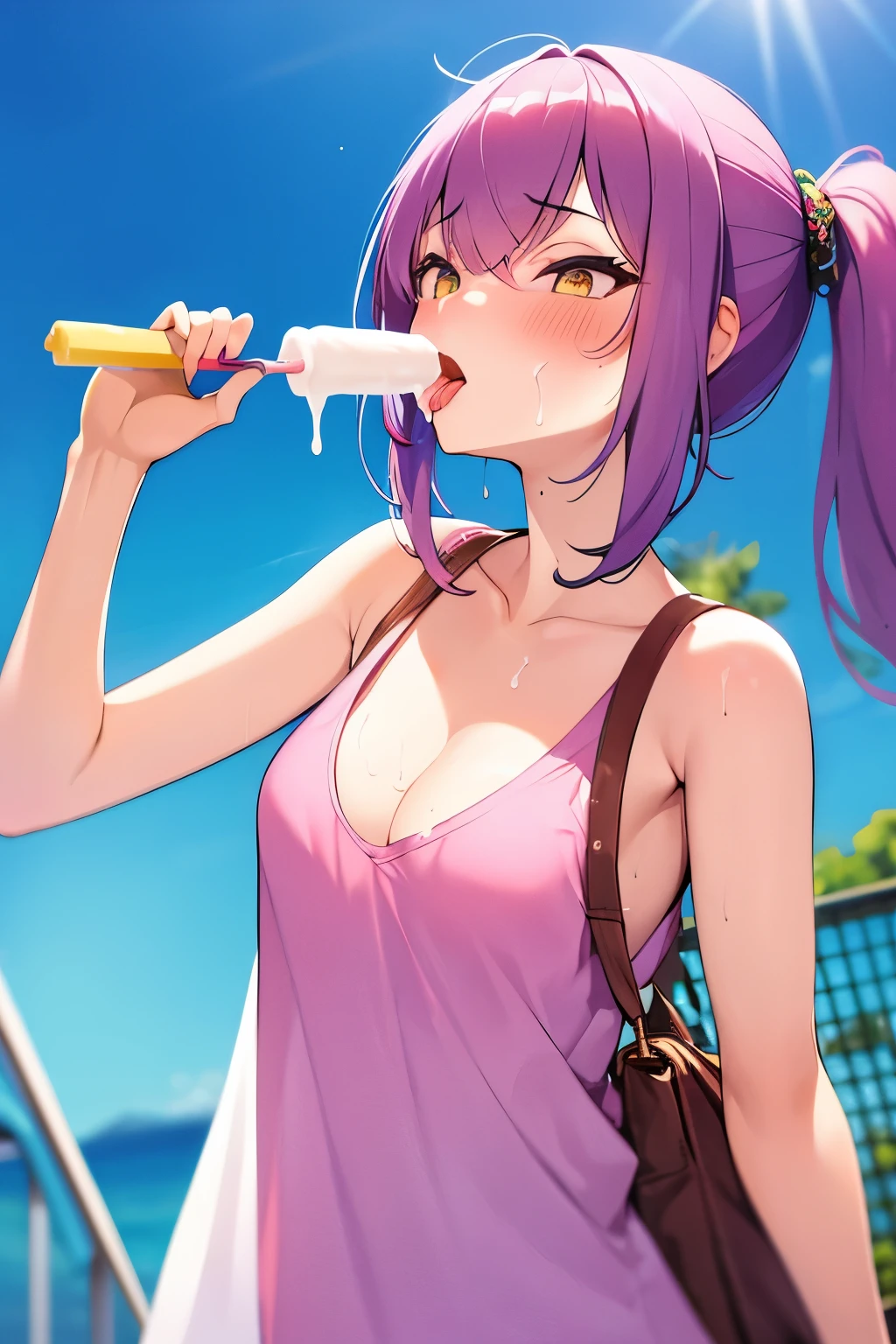 masterpiece,best qualtiy,1girl,popsicle,popsicle_licking,blush,tongue, tongue out, open mouth, purple hair, tank top
