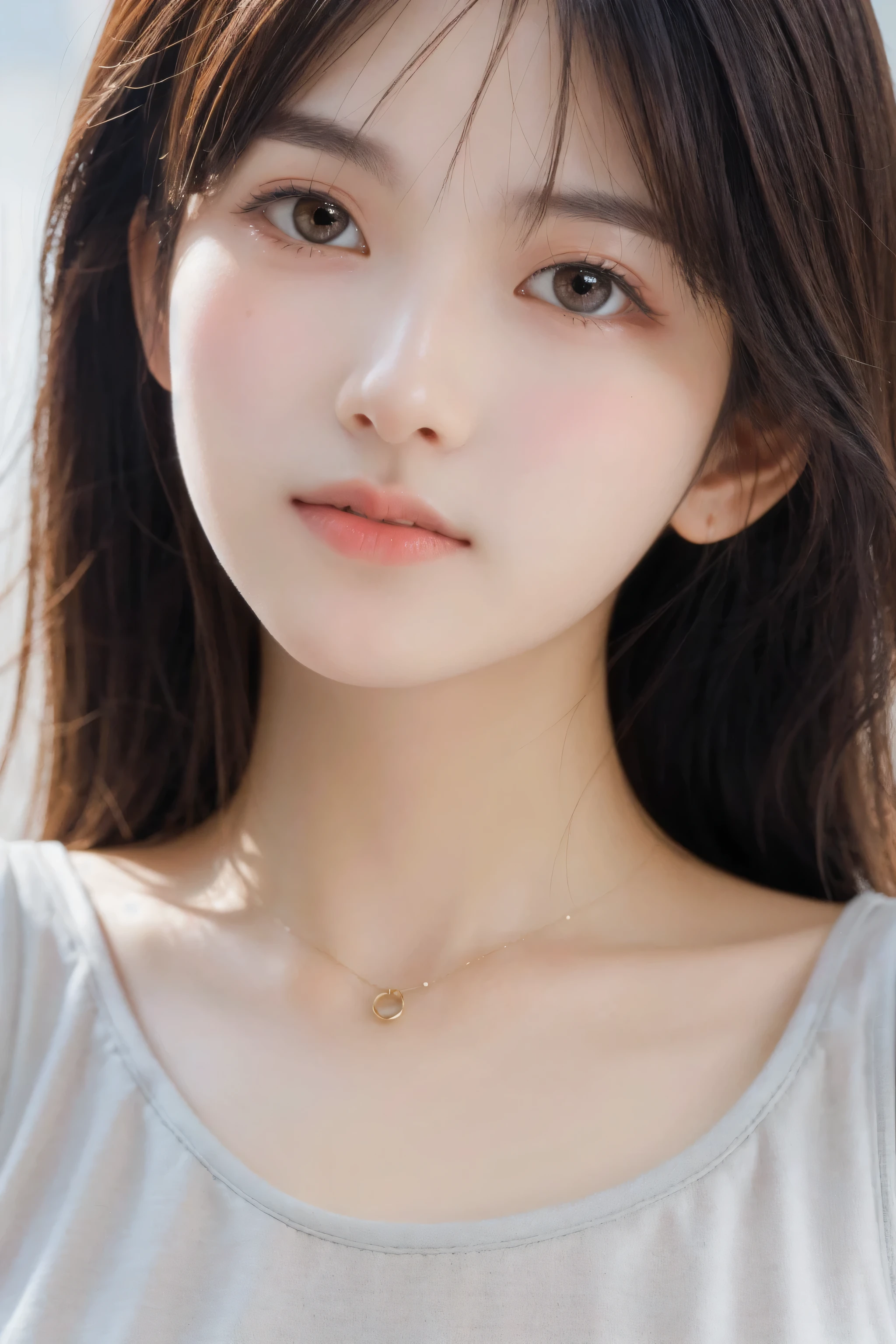 (8k, RAW Photo, Best Quality, Masterpiece:1.2), table top, Ultra Detail, Super Resolution, (Realistic, Realistic Photo:1.37), Portrait, High Detail RAW Color Photo, Professional Photo, Extremely Detailed and Beautiful, Extremely detailed, 8k wallpaper, amazing and detailed, huge file size, official art, highly detailed CG unity 8k wallpaper, highly detailed beautiful girl, highly detailed face, highly detailed eyes, highly detailed skin, highly detailed fingers, highly detailed nose, very detailed detailed mouth , perfect anatomy, highly detailed background, highly detailed clothes, 1girl, ,cute girl, realistic body, fair skin, glowing skin , slim body, handsome body, black hair , Semilong hair, (blunt bangs:1.2), smile, cute, youthful, cute face, realistic face, delicate eyes, drooping eyes, looking at viewer, facing front, standing posture, Contraposto, dynamic lighting, ((face closeup)), (medium chest), (Perfect Body Proportions), (slender Body Proportions), tank top, mini skirt,
