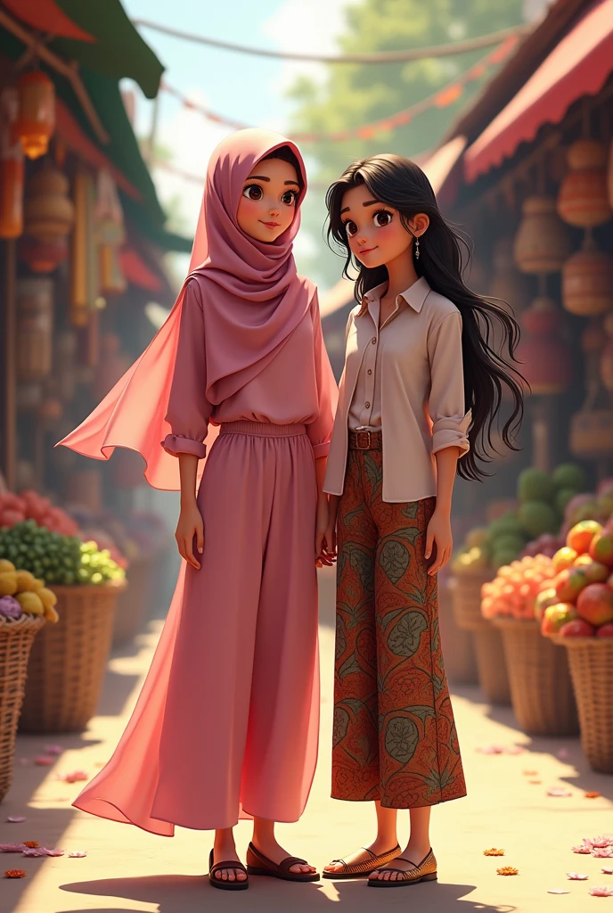 Animated image of an Indonesian girl wearing a pink Niqab and dress, and the other girl wearing pants and a blouse without a Niqab.