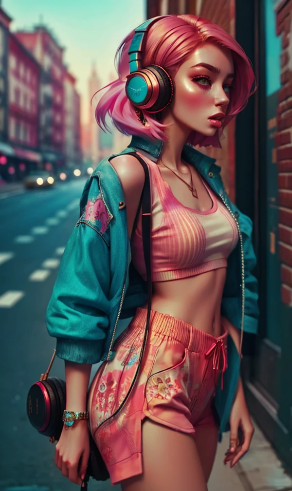 model girl wearing headphones, city background, intricate details, aesthetically pleasing pastel colors, poster background, art by conrad roset and ilya kuvshinov