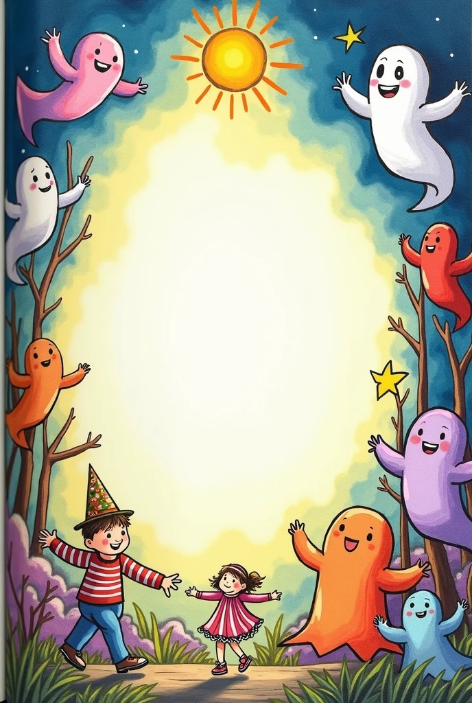 realistic, book spread, free space for inserting text in the middle, children's drawings, painted ghosts on the edges of the picture outside the book page