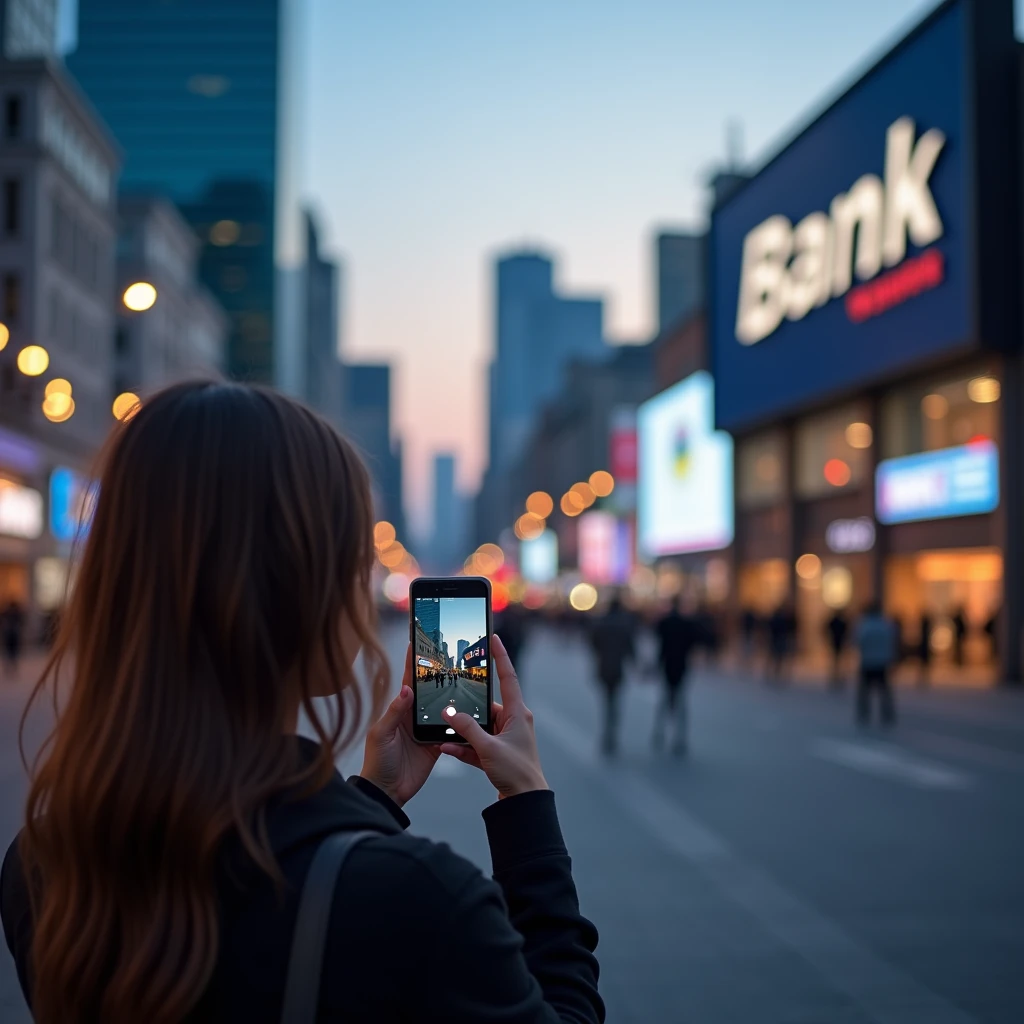 Advertising style, general plan, evening, city centre, beautiful girl is shooting a billboard on the phone, the inscription on the billboard "bank advertising", background blurred beautiful modern high-rise buildings, 2k