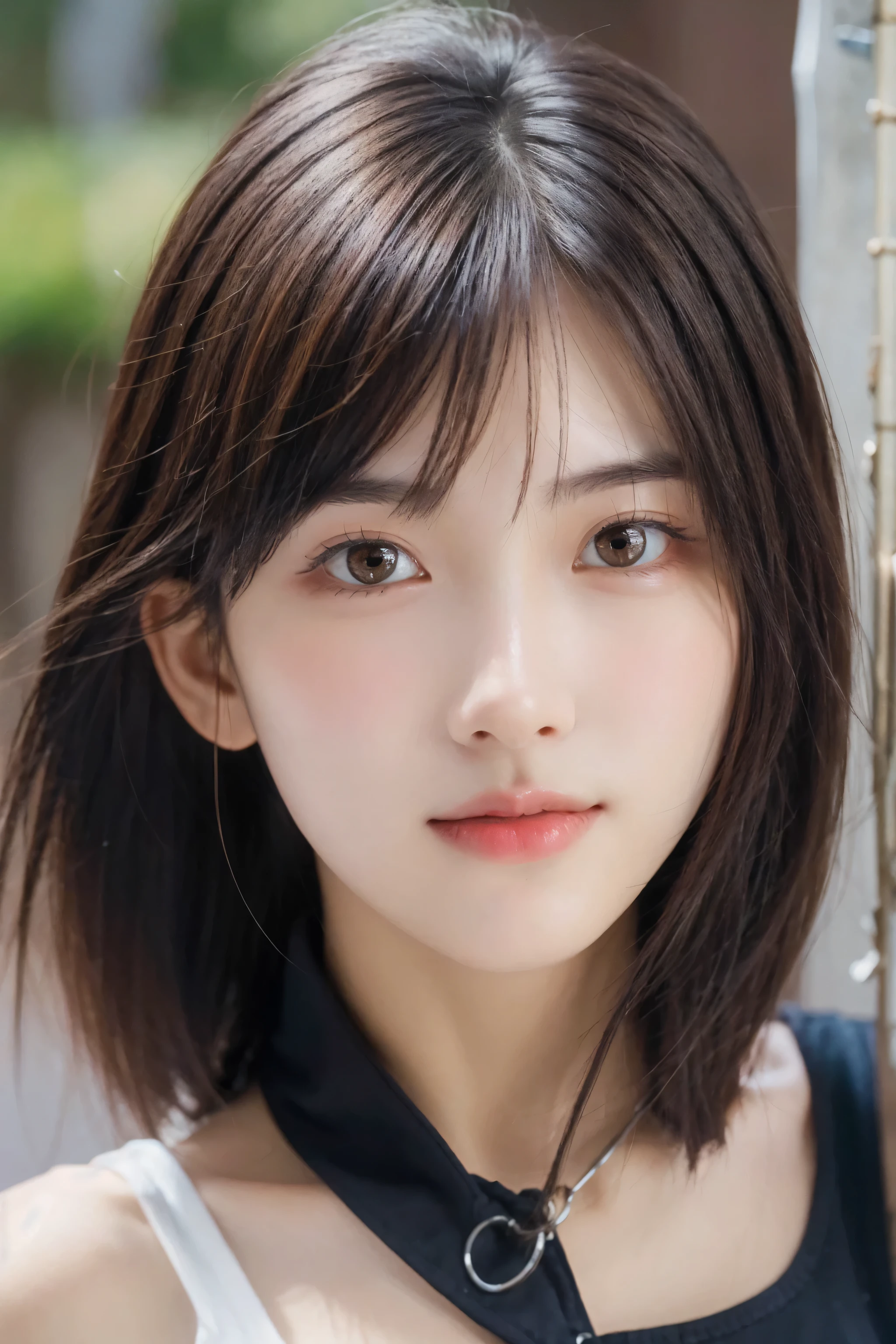 (8k, RAW Photo, Best Quality, Masterpiece:1.2), table top, Ultra Detail, Super Resolution, (Realistic, Realistic Photo:1.37), Portrait, High Detail RAW Color Photo, Professional Photo, Extremely Detailed and Beautiful, Extremely detailed, 8k wallpaper, amazing and detailed, huge file size, official art, highly detailed CG unity 8k wallpaper, highly detailed beautiful girl, highly detailed face, highly detailed eyes, highly detailed skin, highly detailed fingers, highly detailed nose, very detailed detailed mouth , perfect anatomy, highly detailed background, highly detailed clothes, 1girl, ,cute girl, realistic body, fair skin, glowing skin , slim body, handsome body, black hair , Semilong hair, (blunt bangs:1.2), smile, cute, youthful, cute face, realistic face, delicate eyes, drooping eyes, looking at viewer, facing front, standing posture, Contraposto, dynamic lighting, ((face closeup)), (medium chest), (Perfect Body Proportions), (slender Body Proportions), tank top, mini skirt,
