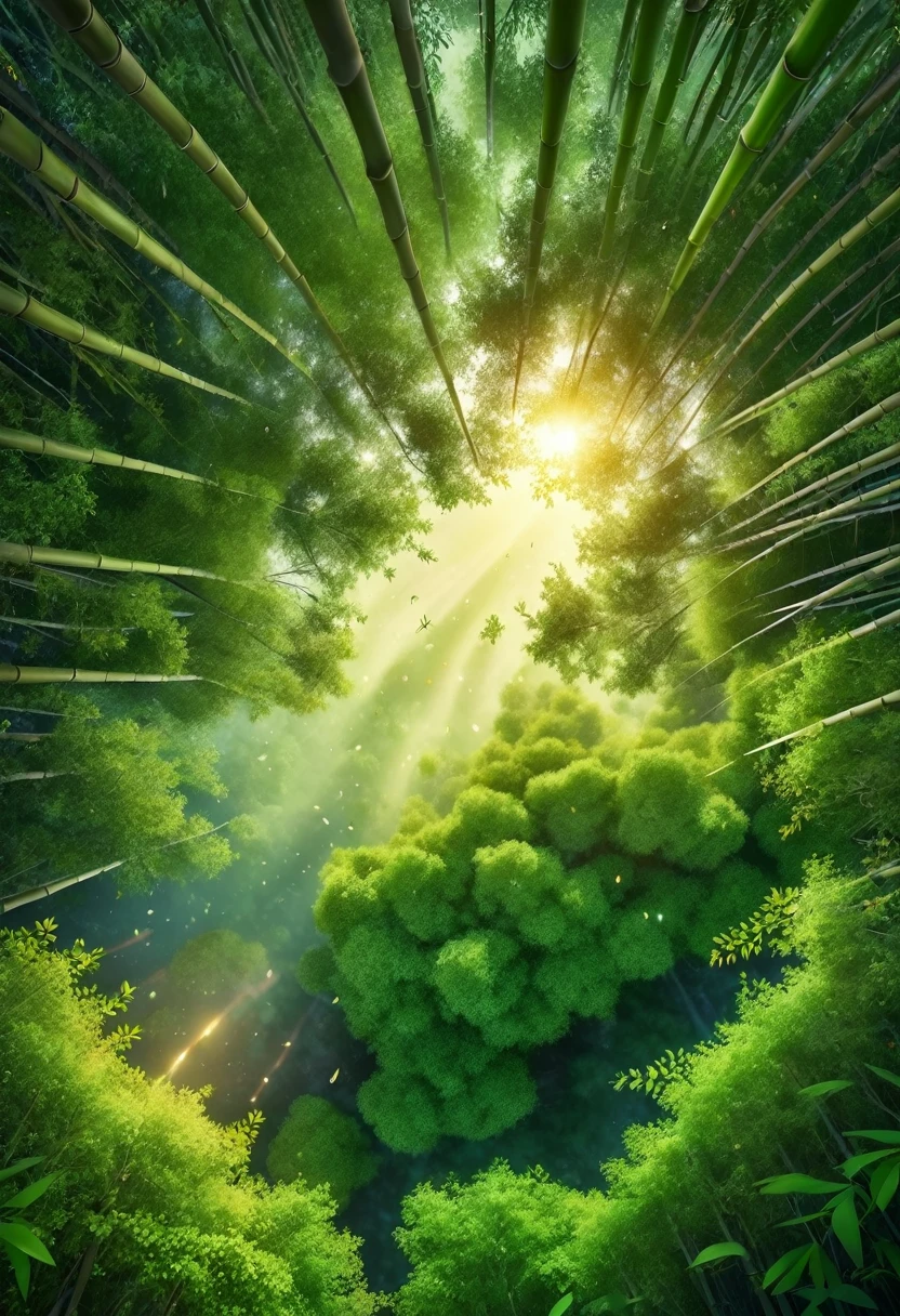 Top view, bamboo forest,Enchanted by nature, Glowing green, Leaves and magic.fair!!!!!!!!!, Green blessings, Natural and realistic rendering.Foreground illuminated by fireflies.Best Works. anatomically correct.Scenery background(best quality,4K,8k,High resolution,masterpiece:1.2),Super detailed,(actual,photoactual,photo-actual:1.37),