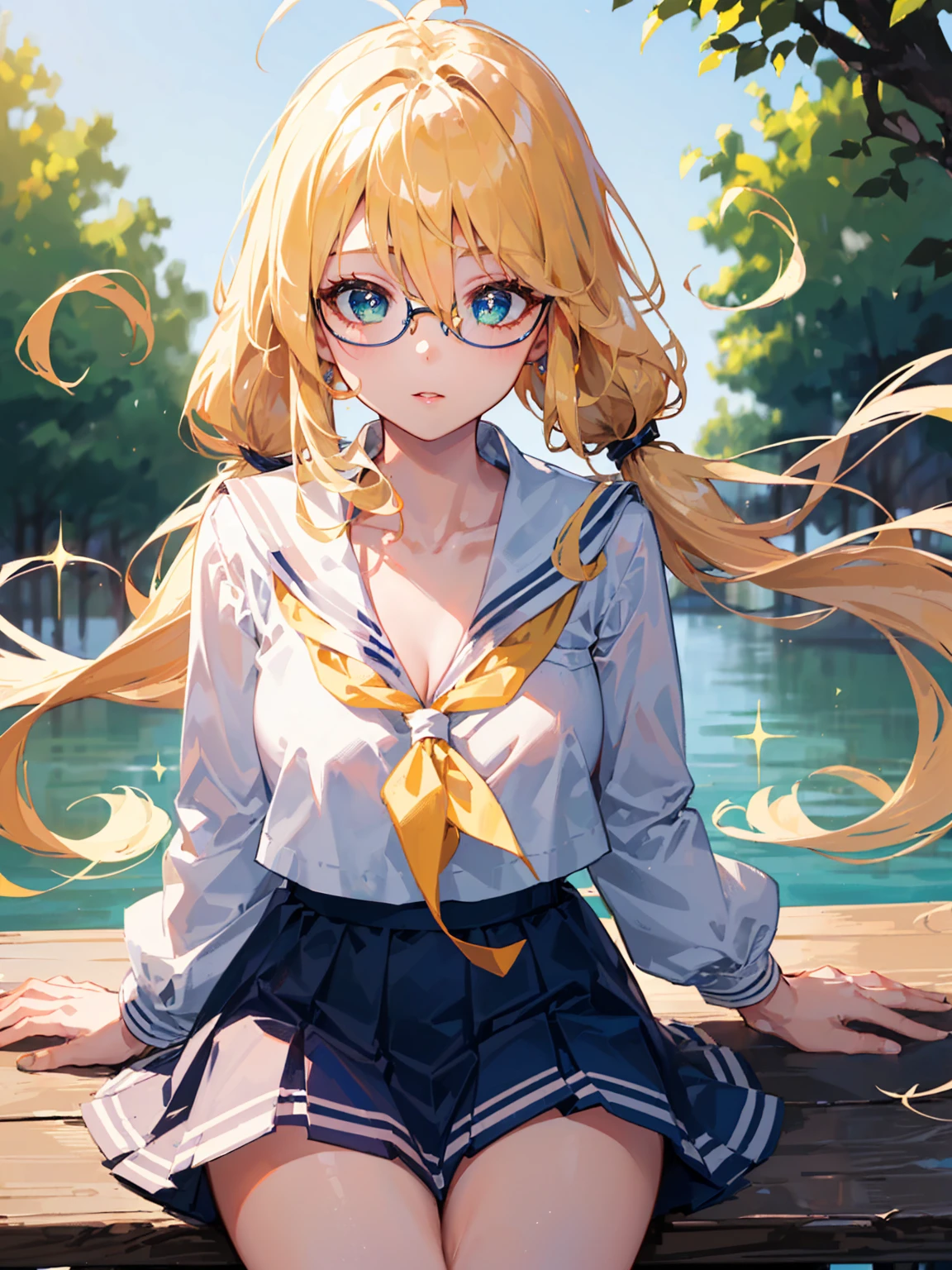 (extremely detailed CG unity 8k wallpaper,masterpiece, best quality, ultra-detailed),school classroom setting,sunlight filtering through trees,beautiful blonde high school girl with twintails and ahoge, cute, red lips, sharp eyelashes, beautiful blonde-haired high school girl, (white school uniform:1.3), (white sailor uniform:1.3), cleavage, perfect breasts, round breasts, perfect collarbone, detailed collarbone, (long floating hair:1.3), wearing sailor uniform, dynamic pose, sitting on chair, (eyeglasses), (round trimmed eyeglasses:1.3), detailed iris, sparkle eyes, star in eyes, enchanting green eyes, (multicolored eyes), (blonde hair:1.3), (floating hair:1.3), (hair between eyes), (hair over one eye:1.3), (floating hair:1.3)