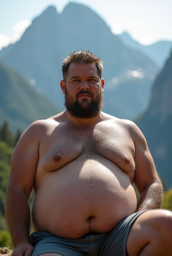 Man,A fat pregnant man,big pregnant belly, with thinning hair,big breast , lactating, mountain,Sitting in front of the camera,naked,hairy body