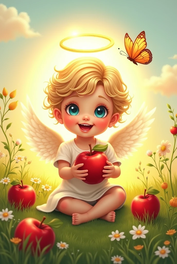 drawn drawing, Sticker, In the style of an illustration, a beautiful little angel - a child in the grass, Sticker, light eyes, halo overhead, smile, Sticker, apples in hand, Sticker, Apple Savior holiday