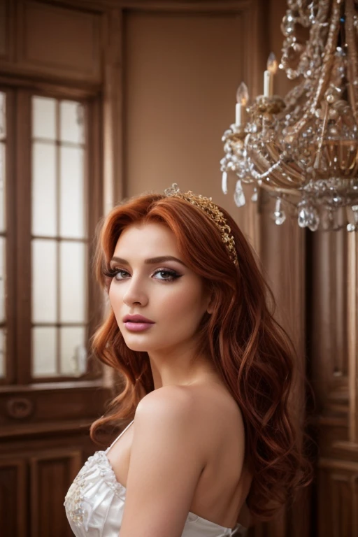 cinematic photo , gorgeous Georgian era woman, shoulders back, head held high, grand elaborate white powdered wig, towering wig with curls and waves, delicate ornaments, well-defined eyebrows, subtle rouge cheeks and kohl, delicate lace ruffle, silk skirt. lavish Georgian ballroom, crystal chandeliers, gilded furnishings. 35mm photograph, film, bokeh, professional, 4k, highly detailed
