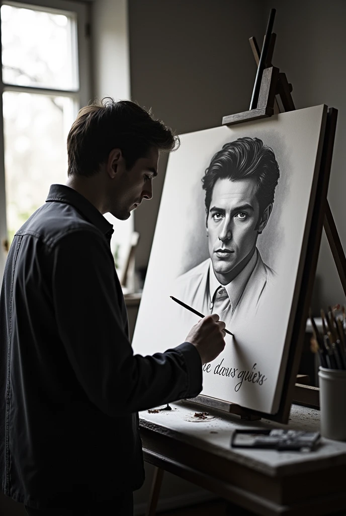 Un peintre peint Alain Delon jeune en noir et blanc. Croquis. ECRIRE : " ENTRE-DEUX-GUIERS"
