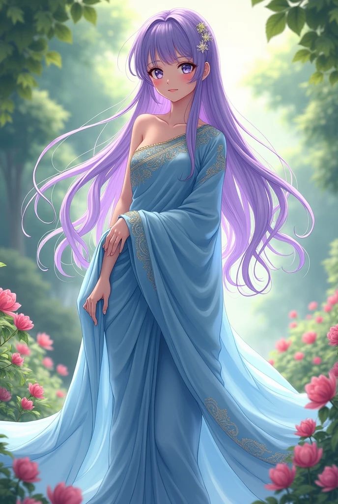 A beautiful girl, with pirpal hair, with white eyes, with skyblue sari, anime