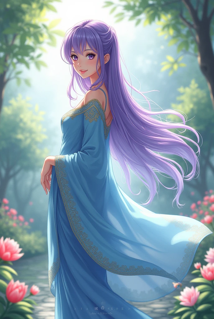 A beautiful girl, with pirpal hair, with white eyes, with skyblue sari, anime