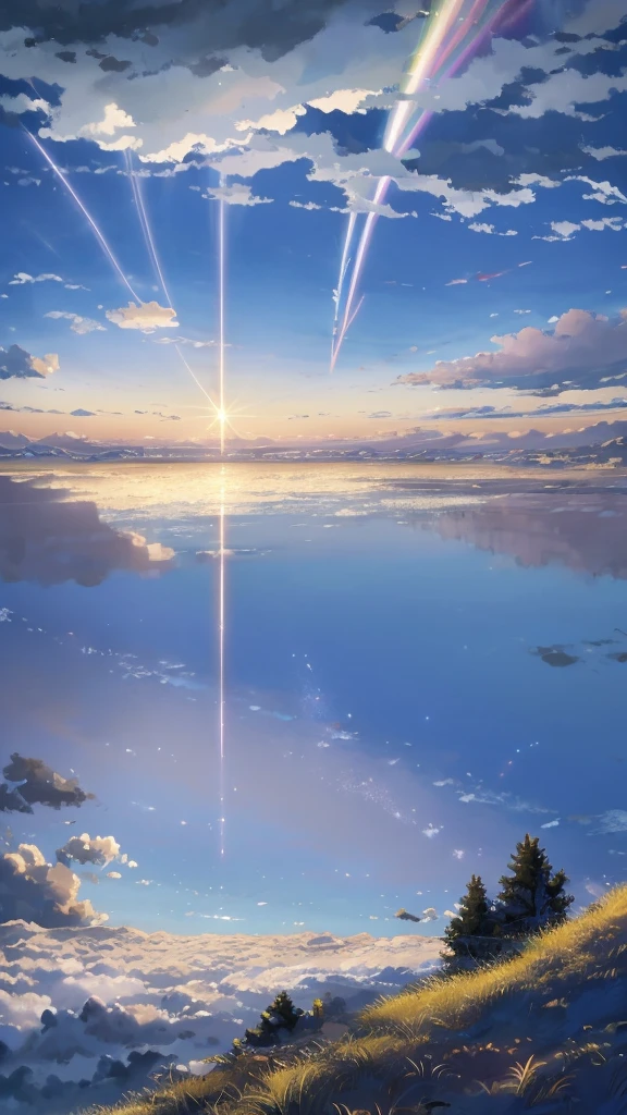 A mesmerizing aerial view above the clouds, showcasing a vast expanse of sky filled with towering cumulonimbus clouds. The scene captures the ethereal beauty of the upper atmosphere, where the sun’s rays pierce through the cloud tops, casting dramatic light and shadow contrasts. The cumulonimbus clouds are massive, with intricate details in their structure, rising majestically into the sky. Below, a sea of soft, fluffy clouds stretches to the horizon, creating a dreamlike landscape. In the foreground, a solitary figure, perhaps a teenage girl, stands on a small, floating island of clouds, gazing at the breathtaking scene with a sense of wonder and awe. The entire scene is infused with a serene yet awe-inspiring atmosphere, capturing the fleeting beauty and grandeur of nature from a vantage point few ever witness. The art style should blend hyper-realistic cloud textures with a delicate, anime-inspired aesthetic, reminiscent of Makoto Shinkai's iconic visual storytelling.