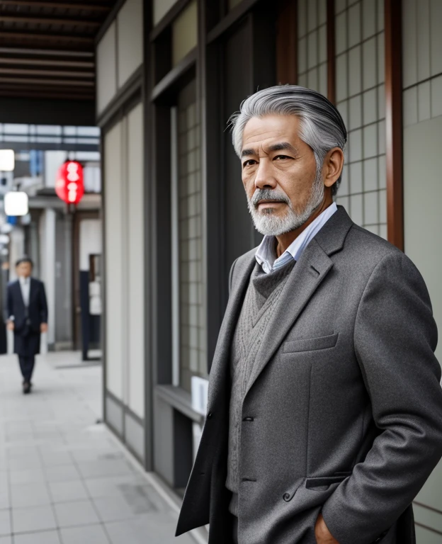 Japanese、male、64 years old、Gray Hair、Grey jacket、Salesman、Thin beard、gentleman、obstinacy