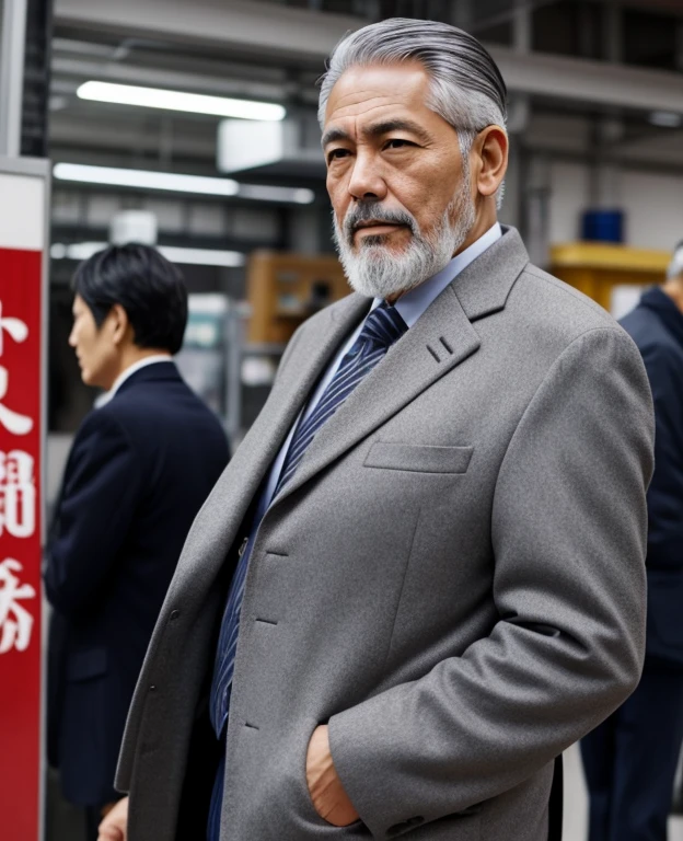 Japanese、male、64 years old、Gray Hair、Grey jacket、Salesman、Thin beard、gentleman、obstinacy