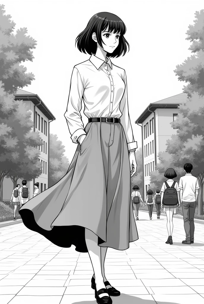 A college girl, medium complexion, long skirt and long sleeve button down shirt, short hair in black and white manga style in 3/4