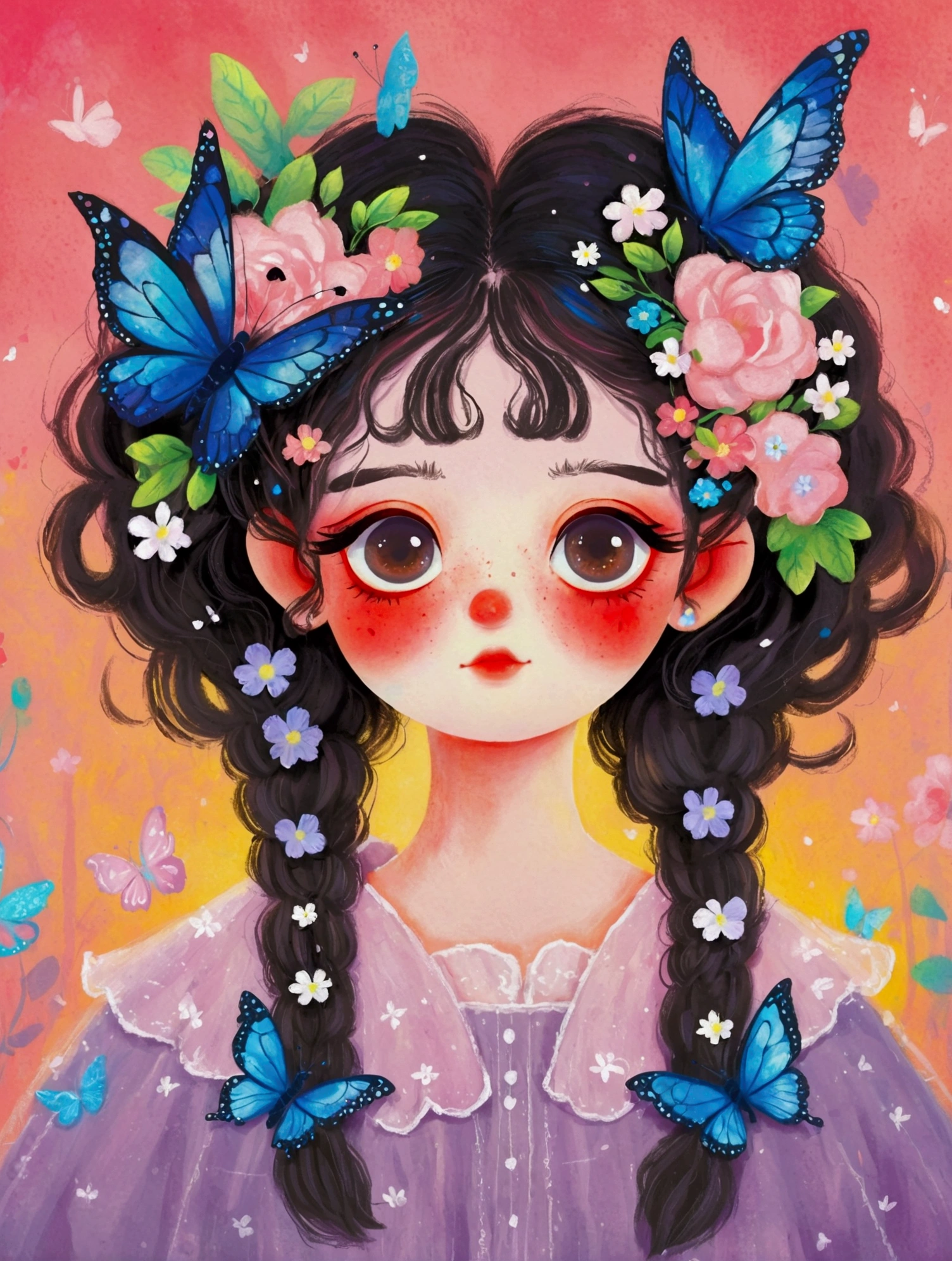 A painting，Pastel Art：a painting of a girl with a butterfly in her hair, a digital painting by Li Song, artstation, fantasy art, big eyes，symmetry，a beautiful artwork illustration, cute digital art, cute detailed digital art, digital cartoon painting art, trending on artstration, cute art style, realistic cute girl painting, beautiful digital illustration, beautiful art uhd 4 k, adorable digital painting