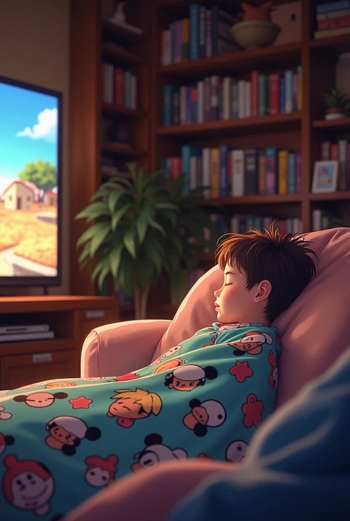 A boy in there home sleep in sofa and tv is on anime lofi style