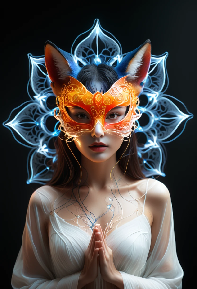 high quality, 8K Ultra HD, Surreal portrait of a stunning woman.
Full body photography of girl in lotus pose,Anatomically correct,Raw, Movie Lenses, (Clear focus:1.5), (Reality:1.4), Dusk lighting, Volumetric Lighting, Ultra-high resolution, 16K,Dramatic Lighting, White background:1.5)(tangled,Mandala,Tangle,Entanglement:0.7)Fox Demon,Fox Mask,Short coat, Foxfire Curse, fox family, Transformation, Depth of Field, Dreamy atmosphere, The most beautiful form of chaos, grace, Dark theme of Fauvist design, Flower of Death, Flowers of ecstasy,Glowing Line,Glow Example,Tracking Example,flash, Backlight,translucent,Light Particles,HILL