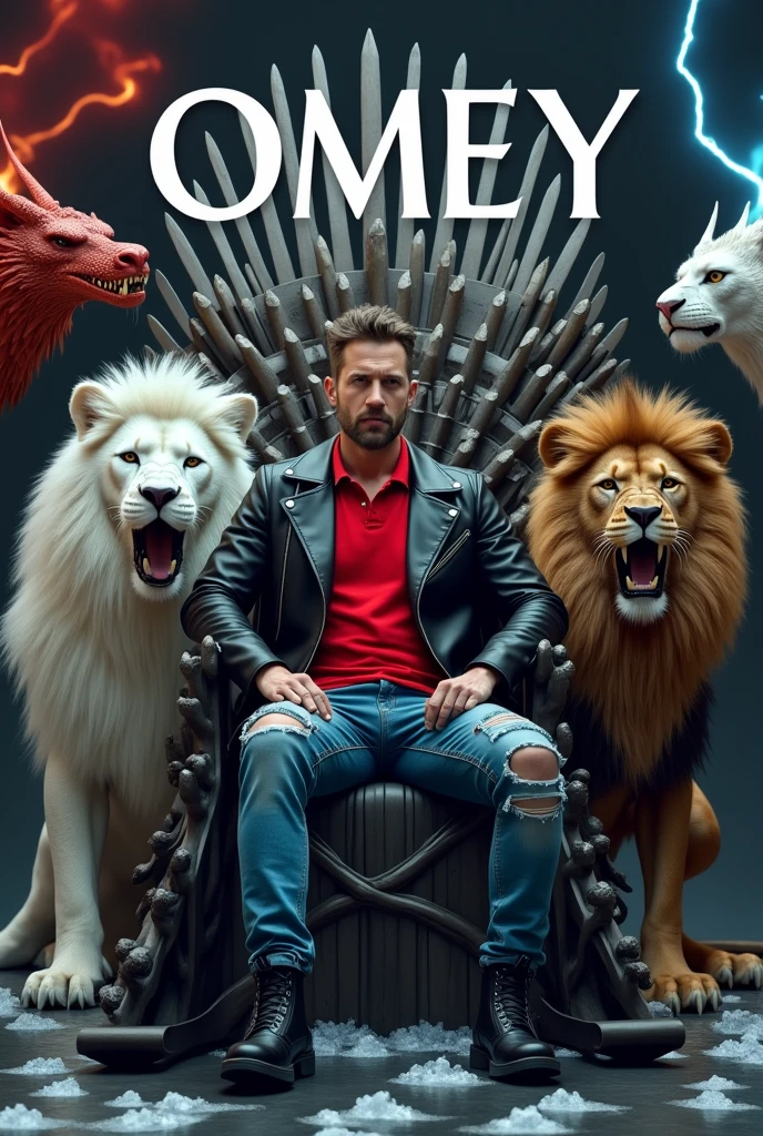 Create a man about 43 years old with ripped jeans , red polo shirt and black leather jacket sitting on the iron throne with black lace-up boots , Next to him there are two lions, one white and one brown, roaring, and two Mexican pennants, one on the throne and the other near the white lion.,On the left side there is a flying dragon spewing fire and on the right side a flying dragon spewing lightning from its mouth. You can see the text "OMEY" There are melted ice cubes with water on the floor. Everything is well detailed, Luxury premiere style. Camera shot of 10k
