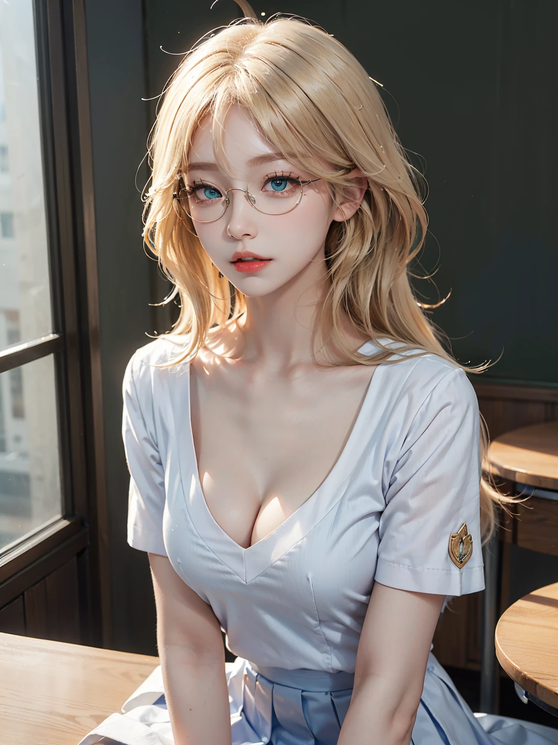 (extremely detailed CG unity 8k wallpaper,masterpiece, best quality, ultra-detailed),school classroom setting,sunlight filtering through trees,beautiful blonde high school girl with twintails and ahoge, cute, red lips, sharp eyelashes, beautiful blonde-haired high school girl, (white school uniform:1.3), (white sailor uniform:1.3), cleavage, perfect breasts, perfect collarbone, detailed collarbone, (long floating hair:1.3), wearing sailor uniform, dynamic pose, sitting on chair, (eyeglasses), (round trimmed eyeglasses:1.3), detailed iris, sparkle eyes, star in eyes, enchanting green eyes, (multicolored eyes), (blonde hair:1.3), (floating hair:1.3), (hair between eyes), (hair over one eye:1.3), (floating hair:1.3)