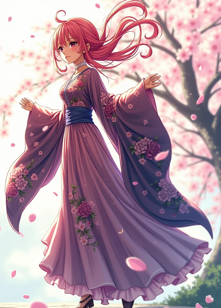 A woman with long pink hair and large breasts walks along a cherry blossom avenue, blushing shyly as she smiles.