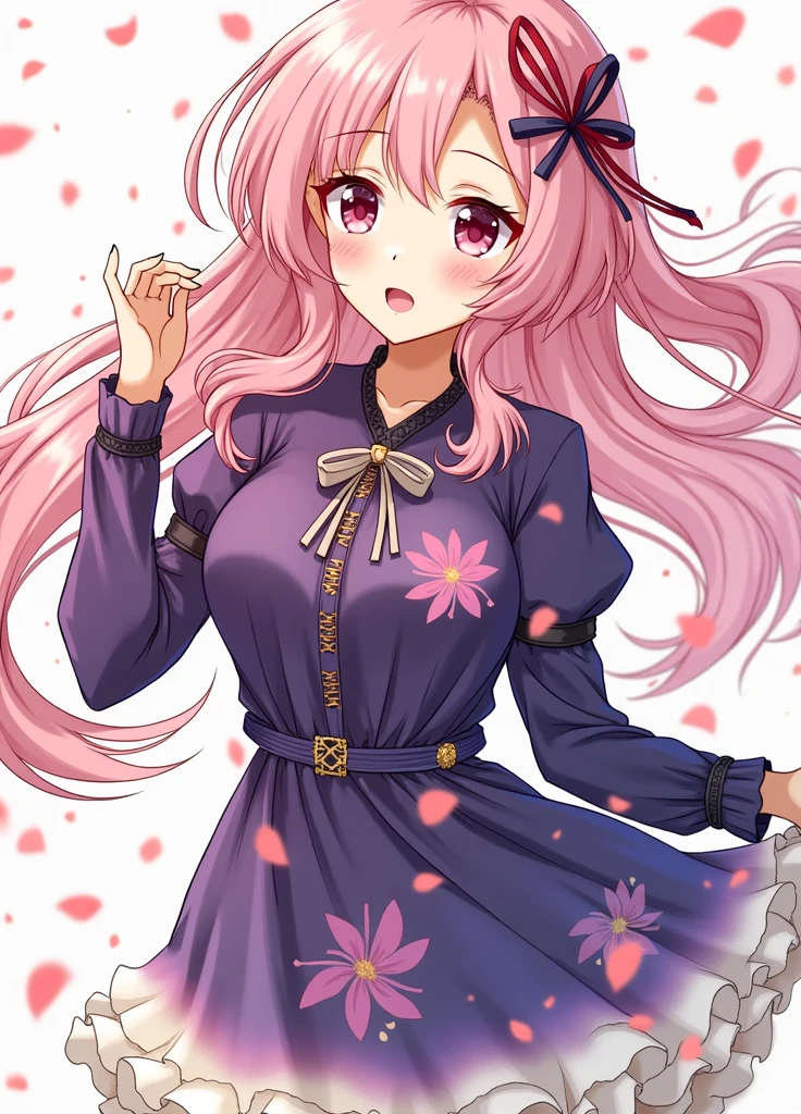 A woman with long pink hair and large breasts walks along a cherry blossom avenue, blushing shyly as she smiles.