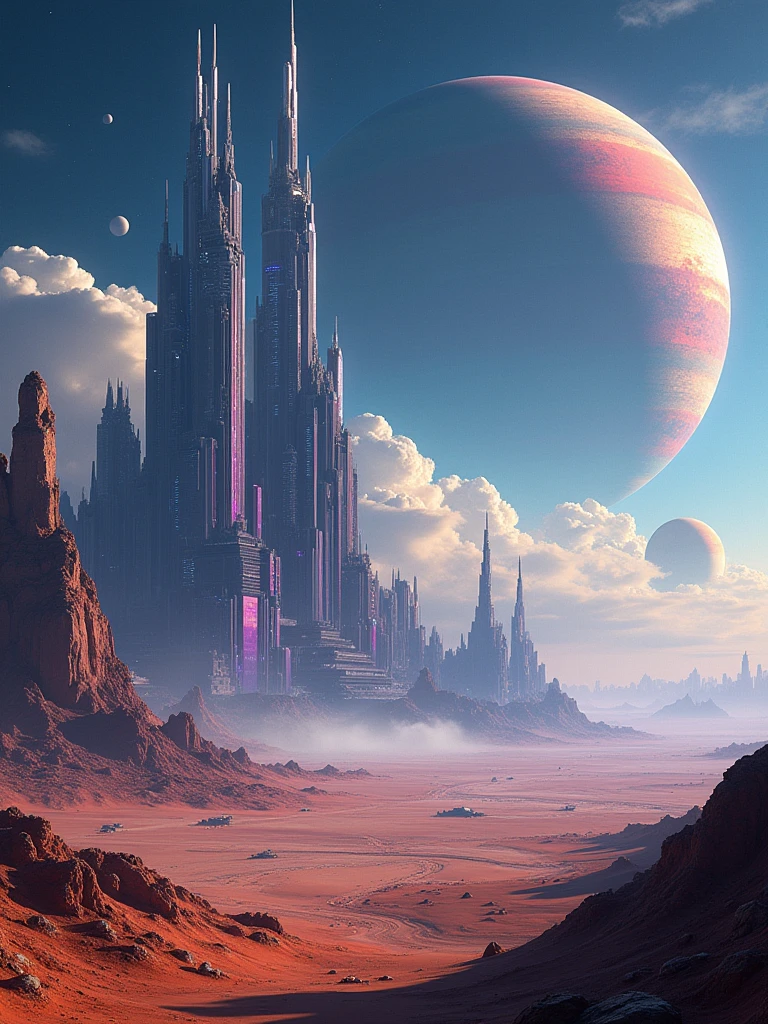 Epic sci-fi landscape captured in stunning Super Panavision 70mm, a massive futuristic city with towering skyscrapers and flying vehicles, glowing neon lights reflecting off sleek metallic surfaces, a vast alien desert stretching into the distance, massive planets and moons hovering in the sky, starships soaring above, deep blues and purples of a distant galaxy, ultra-high detail, cinematic lighting, wide-angle lens, atmospheric haze