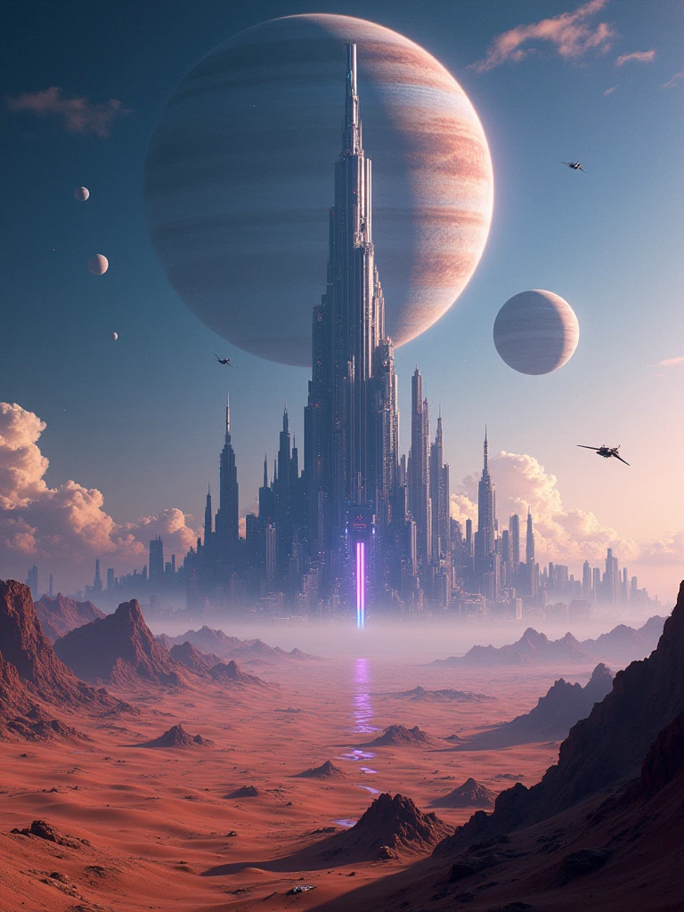 Epic sci-fi landscape captured in stunning Super Panavision 70mm, a massive futuristic city with towering skyscrapers and flying vehicles, glowing neon lights reflecting off sleek metallic surfaces, a vast alien desert stretching into the distance, massive planets and moons hovering in the sky, starships soaring above, deep blues and purples of a distant galaxy, ultra-high detail, cinematic lighting, wide-angle lens, atmospheric haze
