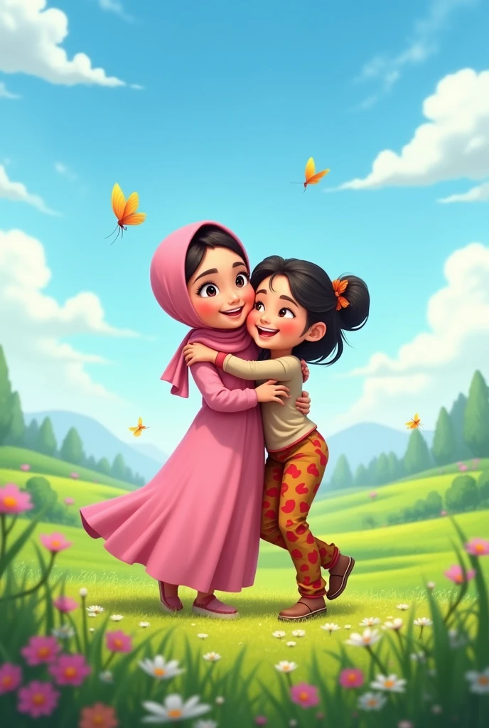 Animated image of an Indonesian girl wearing a pink Niqab and a dress, and the other girl with pants and a blouse without a niqab, hugging each other.