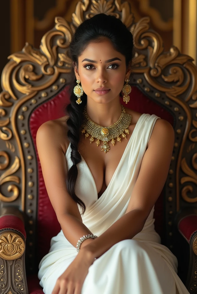 close up photo of nayanthara, hourglass figure, swooping breasts, deep cleavage, sitting royal pose on throne in temple, seductive eyes, sultry, French braid hair, white saree, necklace, (cinematic:1.3), intricate details, (ArtStation:1.2)