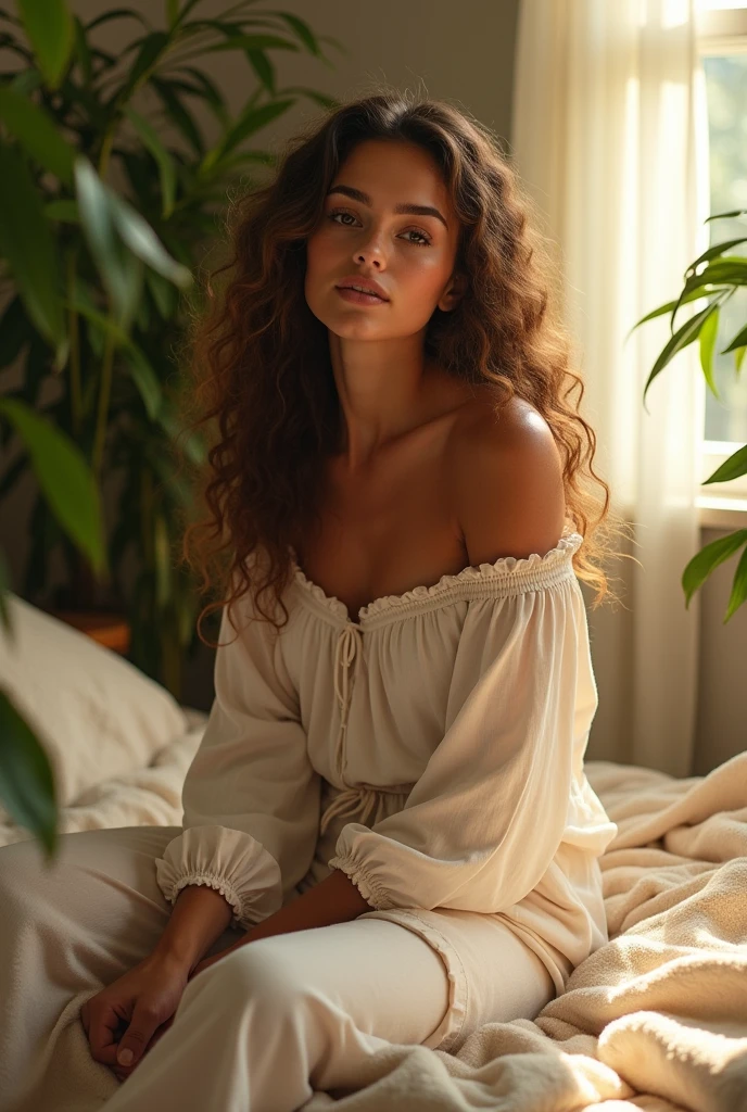 (photorealism:1.2), beautiful woman, sitting on bed, wearing loose off-shoulder top, pajama pants, long curly hair, indoors, soft lighting, plants in background, window with sunlight, cozy room, relaxed pose, realistic, intricate details, warm colors, by Greg Rutkowski, by Alphonse Mucha