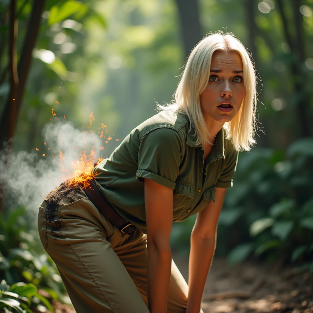 Close-up , bent over , Big butt , is 1940 , We see the girl from behind, she looks at the viewer, ,  hilarious cinematic scene of a young, talented actress resembling Doris Day, dressed as a poacher in the heart of the jungle. She is bent over, wearing long pants and a hunter's shirt, and holding a rifle. The edges of a big hole in  her pants in butt área  have charred marks, and there's a significant amount of smoke emanating from her backside. Her platinum blonde hair is short and sleek, and she appears to be around 30 years old. In a sudden moment of slapstick comedy, the actress screams in pain, her eyes and mouth wide open, revealing a massive hole in her pants from a shotgun accident. The scene is captured in stunning 4K high definition, with the jungle as a backdrop, and a comedic tone throughout., cinematic